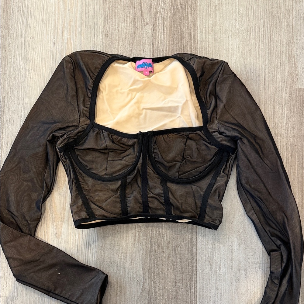 Edikted Sheer Black Long Sleeve Mesh Bustier Top
